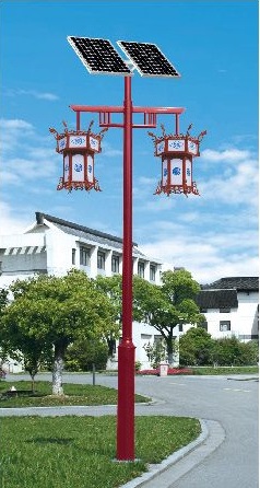 3-4米紅色格子臂燈籠形雙燈頭太陽(yáng)能庭院燈TYN-03011